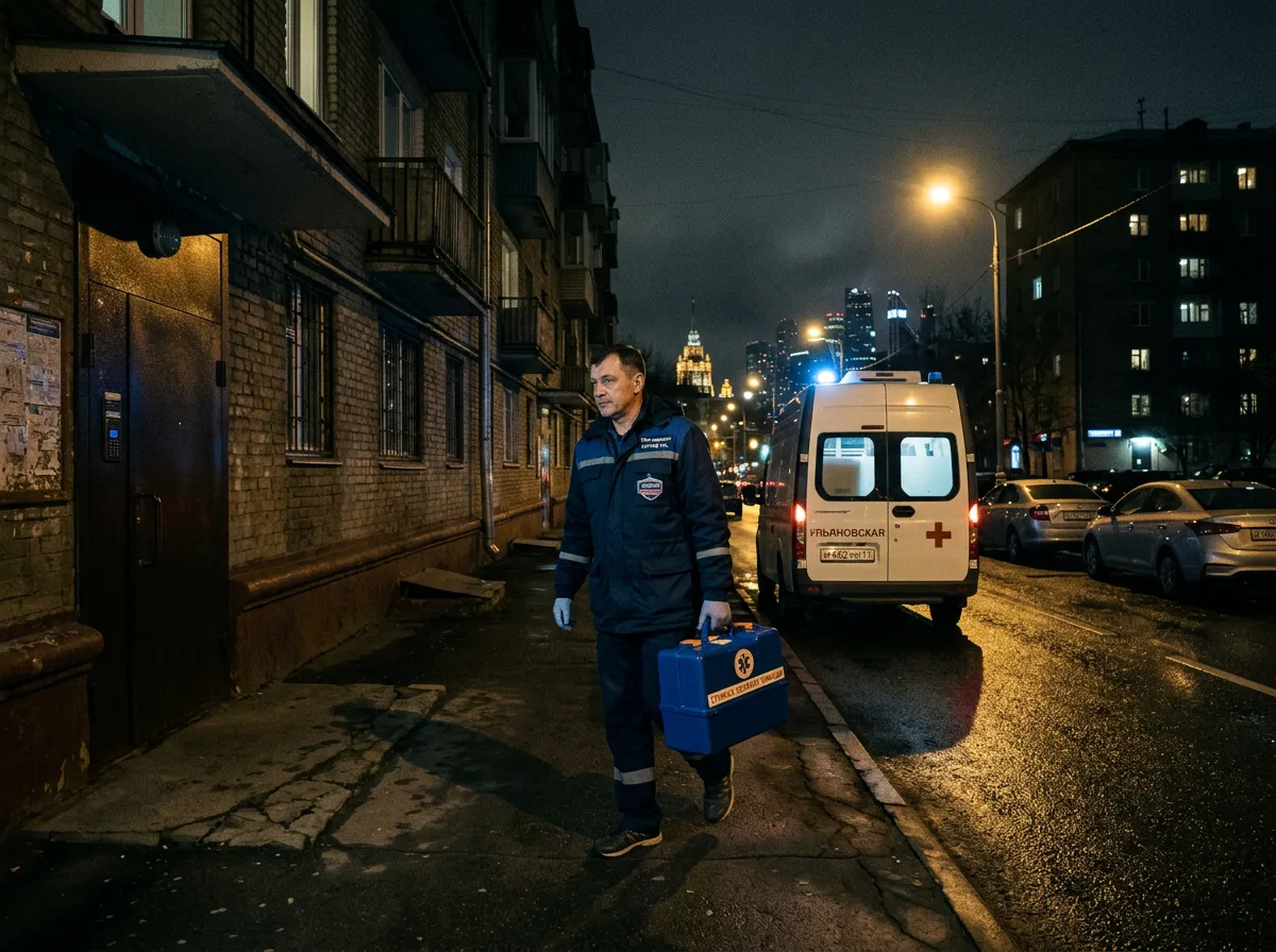 Врач-нарколог приезжает домой к пациенту ночью, тёмная московская улица, медицинский чемодан, тревожное но надёжное настроение