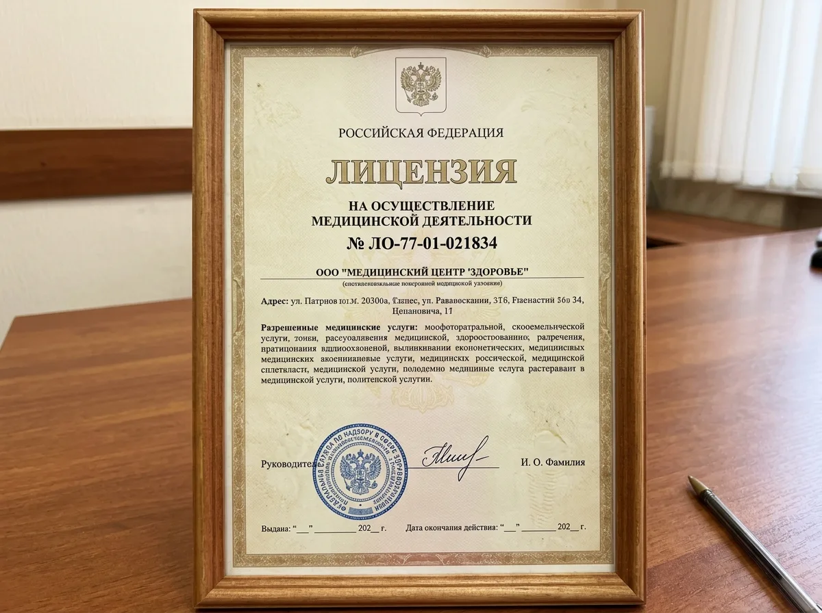Лицензия на осуществление медицинской деятельности № ЛО-77-01-021834, выданная Росздравнадзором, официальный документ с печатями и подписями
