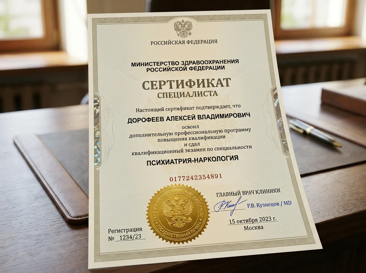 Сертификат специалиста врача психиатра-нарколога, государственный бланк с золотой печатью и подписью главного врача клиники