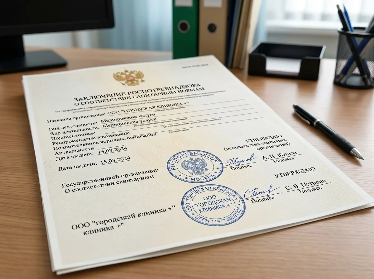 Заключение Роспотребнадзора о соответствии санитарным нормам, официальный документ клиники с печатями