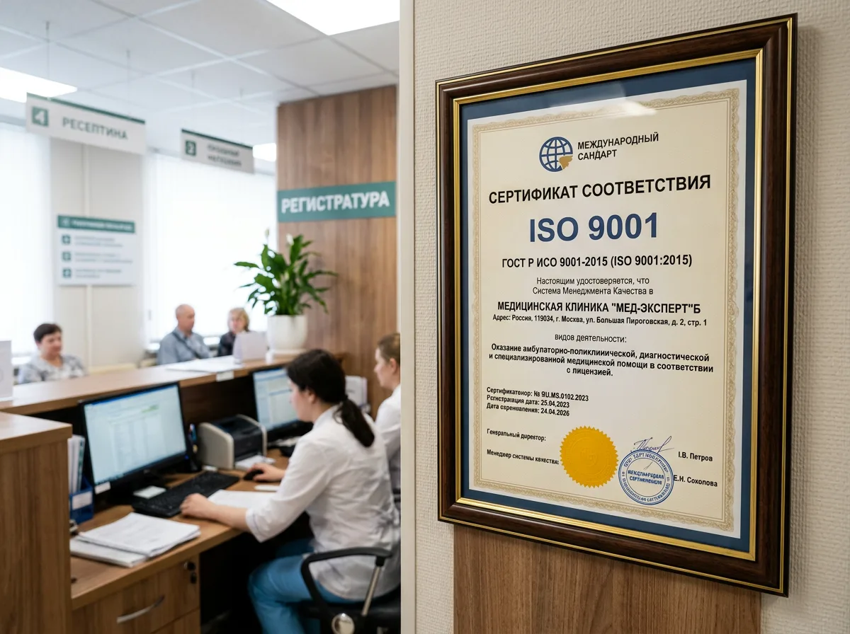 Сертификат ISO 9001 системы менеджмента качества для медицинской клиники, международный стандарт