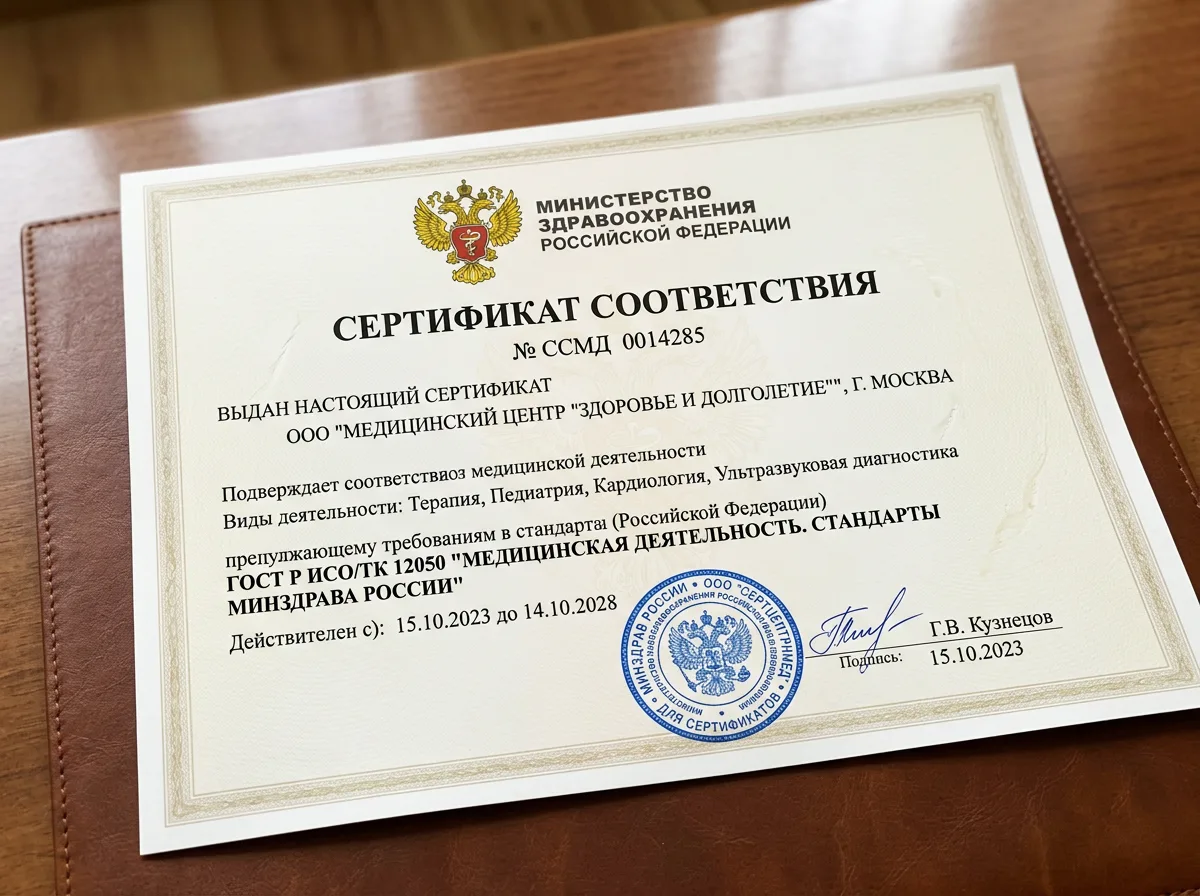 Сертификат соответствия медицинской деятельности стандартам Минздрава России, официальный документ с гербовой печатью